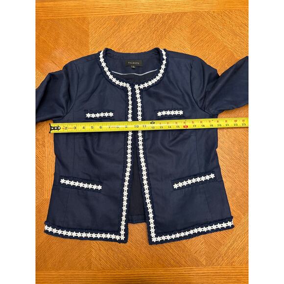 Talbots Navy Blue and White Floral Trim Cotton and Linen Blazer Size 8 - Picture 3 of 7